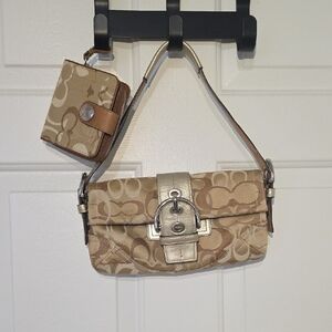 Coach Beige Signature Canvas Shoulder Bag with Metallic Trim and Matching Wallet